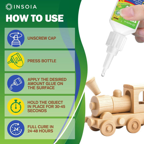 Front view of 20g CA glue bottle dispensing a drop onto a wooden toy train; green how-to-use infographic on the left.
