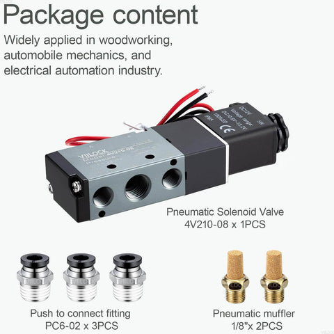 5 Way 2 Position Pneumatic Solenoid Valve, Aluminum Alloy Body, 1/4 Inch NPT Inlet and 1/4 Inch NPT Outlet, 1/8 Inch Exhaust, DC 12V Coil, 4V210-08.