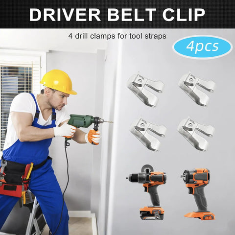 4 Pack Belt Hook Replacement Clips With Screws 636181001 633586002 For 18V Cordless Tools, Easy Clip On, displayed with drill
