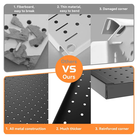 Comparison of fiberboard and metal panels; features heavy duty metal pegboard panels for wall garage storage with reinforced corners.