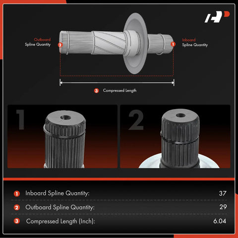 Front Left Driver Side CV Intermediate Shaft For Ram 1500 2012-2018 4WD And 2019-2020 4WD With 5 Lug Wheels showing 37/29 splines, 6.04 in compressed length