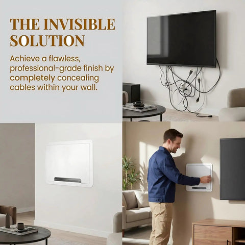 Ultra Slim In Wall Media Box With Straight Up Hassle Free Cable Routing For Streaming Players Smart Gear installation in modern living room.