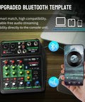 4 Channel DJ Mixer With Bluetooth And USB MP3 Player, XLR And One Quarter Inch Inputs, 48V Phantom Power in use with smartphone.