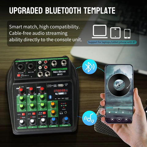 4 Channel DJ Mixer With Bluetooth And USB MP3 Player, XLR And One Quarter Inch Inputs, 48V Phantom Power in use with smartphone.