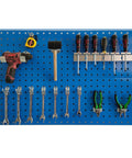 Built Tough Wood And Steel Pegboard Wall Storage Shelf With Heavy Duty Hooks And Bins for holding tools and wrenches on blue panel.