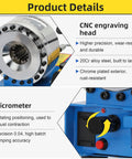 Heavy Duty Hydraulic Hose Crimper With Eight Swappable Die Sets For Smooth Zero Sweat Garage Work And Lock Tight Seal On All Custom Hydraulic Lines Today, showing CNC engraving head and micrometer details.