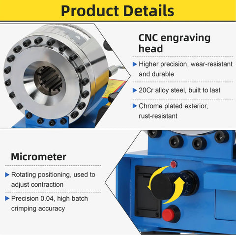 Heavy Duty Hydraulic Hose Crimper With Eight Swappable Die Sets For Smooth Zero Sweat Garage Work And Lock Tight Seal On All Custom Hydraulic Lines Today, showing CNC engraving head and micrometer details.