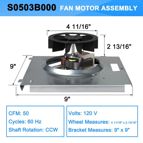Upgrade Bath Fan Motor Assembly For 763RL B Series Replacement, 120V, 3000 RPM, 50 CFM, 2.0 Sones, 9x9 Bracket