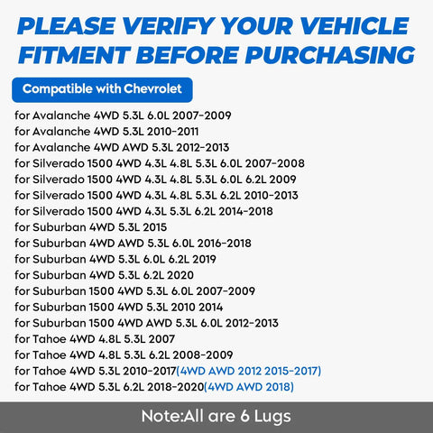 Compatibility list for Front Left Or Right Driver Passenger Side CV Axle Shaft Assembly For Chevy Silverado 1500 2500 HD 4WD.