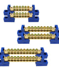 Image of the Six Piece Grounding Bus Bar Kit with 6, 8, and 10 position brass terminal blocks, blue base, and M4 screws for electrical grounding.