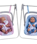 Two baby dolls in polka dot swings, showcasing 2 In 1 Baby Doll Swing And Portable Carrier For 18 Inch Dolls Pink Play Set Ages 3 And Up Converts From Swing To Carry Safe Sturdy Construction Easy Care Materials Perfect For Little Friends And Doll Playtime.