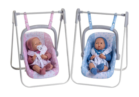 Two baby dolls in polka dot swings, showcasing 2 In 1 Baby Doll Swing And Portable Carrier For 18 Inch Dolls Pink Play Set Ages 3 And Up Converts From Swing To Carry Safe Sturdy Construction Easy Care Materials Perfect For Little Friends And Doll Playtime.