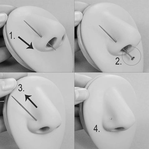 Demonstration of Titanium Insertion Taper for Threadless Body Jewelry, 18G Threadless Piercing Taper Pin for Nostril Piercing, 2Pcs, Skin Friendly G23 Titanium use in a synthetic nostril model, showing insertion and secure locking process.