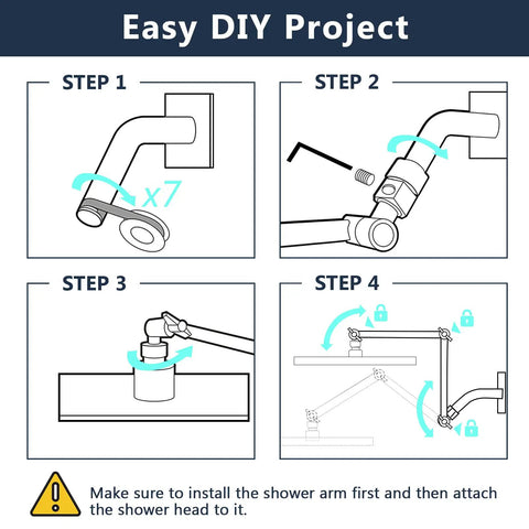 Installation steps for 16 Inch Shower Arm Extension Solid Brass Adjustable Height with Universal G1/2 Connection, chrome finish.