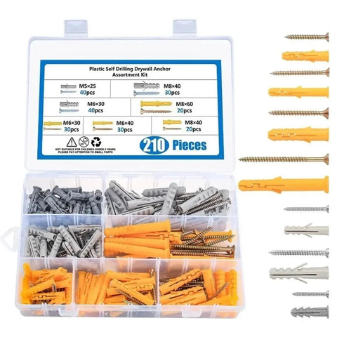 210 Pcs Self-Drilling Screws Set And Wall Anchor Kit For Drywall Brick And Concrete With M5 M6 M8 Sizes Yellow Zinc Plated Carbon Steel Rust-Resistant Heavy-Duty No-Prep Install Do-It-All Mounting in plastic organizer