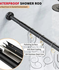 Black Stainless Steel Shower Curtain Rod 34 To 66 Inches Adjustable Tension Rod No Drilling No Rust Non Slip shown in bathroom