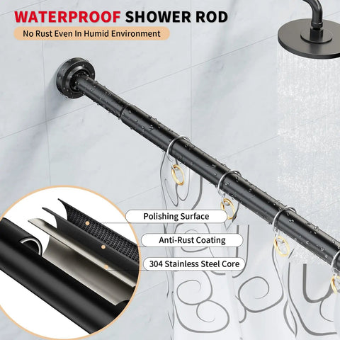 Black Stainless Steel Shower Curtain Rod 34 To 66 Inches Adjustable Tension Rod No Drilling No Rust Non Slip shown in bathroom