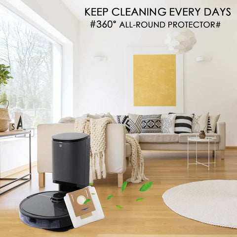 Living room with robot vacuum and K781 Plus compatible 12 Pack Heavy Duty Disposable Vacuum Dust Bags in use