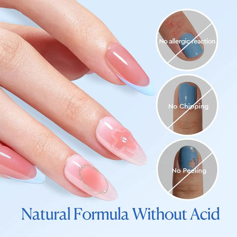 Hand with gel nails using 18ml Nail Dehydrator and Primer Pro Grade Set Acid Free and Hema Free, nail benefits highlighted