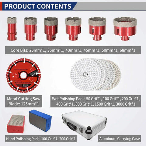 Top Notch 16 Piece Diamond Tile Hole Saw Kit With M14 Adapter And Metal Cutting King Blade For Drilling Hard Surfaces Plus Polishing Pads For That Smooth Finish You Deserve. 25-68mm core bits, blade, pads, case