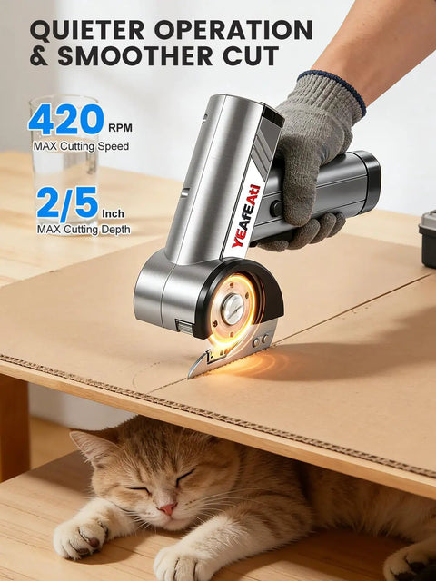 High Performance Electric Cardboard Cutter Featuring Four Adjustable Speeds And Sharp Stainless Steel Blades That Cut Smooth As Butter Through Fabric Leather And Thick Packages With Zero Sweat Or Mess close-up with max cutting speed and cutting depth displayed.