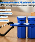 Tall Stair Gauge Block For Framing And Speed Squares With Locking Hook Attachment Dead On Carpenter Layout Guide Sweet Anodized Aluminum Craftsmanship To Nail Perfect Stringer Angles For Pro Builds Red close-up showing blue anodized aluminum gauge block attached to a carabiner