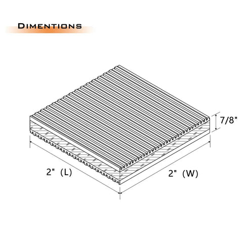 Diagram of Four Pack Rubber AntiVibration Pads With EVA Foam Core, showing dimensions 2x2x7/8 inches, industrial isolation.