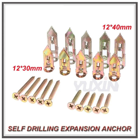 Self-Drilling Drywall Anchors Kit 12x30mm With Screws for Plasterboard Fixing, Premium Yellow Zinc-Plated Carbon Steel, Rust-Resistant No-Prep Install, Quick Mount for TVs, Shelves, Cabinets, and Wall Decor. 12x30mm and 12x40mm anchors with screws
