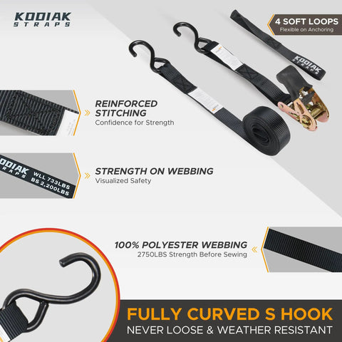 Heavy Duty Ratchet Strap Set 4 Pack 1 Inch Wide By 17 Feet 2200 Lb Break Strength Soft Loops Beefy Coated Deep S Hooks