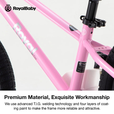Close-up of a pink 12 Inch Kids Bike For Toddlers Girls Learning Bicycle with training wheels frame and seat post