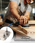 Woodworker using a sanding tool with inset of Beefy Carbon Steel C Clamps Set Of 2 with 3.25 Inch Wide Jaws for secure holding.