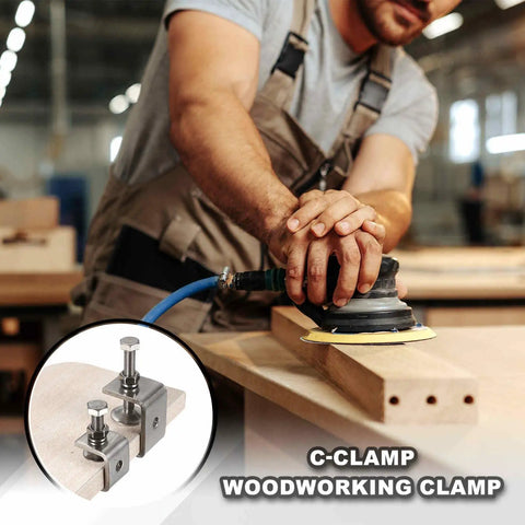 4-Piece Stainless Steel C Clamps Set, Mini 75mm Wide Jaw Opening, 2.95 Inches, Heavy Duty U Clamp for Woodworking, Welding, Building, and Household Mounting, 304 Stainless Steel, Rust Resistant Clips on a woodworking board
