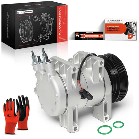 No Hassle Turnkey Air Conditioner AC Compressor With Clutch For Nissan Rogue 2.5L 2008 Through 2013 And Rogue Select 2014 2015, showing assembly with accessories.
