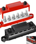 Backyard Builder 400 Amp Bus Bar Power Distribution Block With Six M8 Studs showcasing copper terminals and red/black housing for battery hookups.