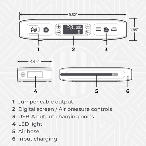 Diagram of All In One Bolt Air 58830 Portable Car Jump Starter With 100 PSI Air Compressor, 58.8Wh USB Power Bank, Emergency Floodlight