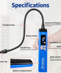 Front view of WISSCOOL HVAC leak detector with flexible probe, blue handheld unit, numerical LCD display, and sensor tip.