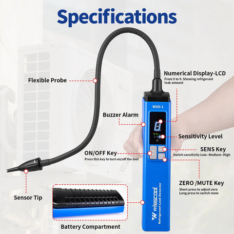 Front view of WISSCOOL HVAC leak detector with flexible probe, blue handheld unit, numerical LCD display, and sensor tip.