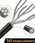 Close-up of Black Vinyl Coated Cable, 304 Stainless Steel Wire Rope 1/16 In Overmolded to 3/32 In, showing 7x7 strand construction.