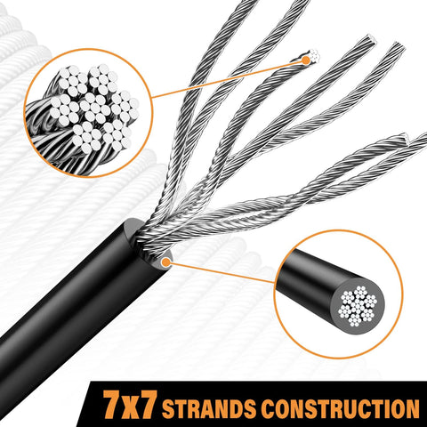 Close-up of Black Vinyl Coated Cable, 304 Stainless Steel Wire Rope 1/16 In Overmolded to 3/32 In, showing 7x7 strand construction.