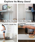 Ergonomic Wood Foot Rest With Rocker Board For Standing Desks, Supports Up To 350 Lbs, Non Slip, No Assembly, 18 Inch Wide shown in use.