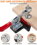 35mm Cabinet Door Concealed Hinge Jig With Quick Clamps And Snap-On Ruler shown clamping a piece of wood for accurate drilling.