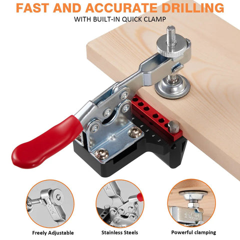 35mm Cabinet Door Concealed Hinge Jig With Quick Clamps And Snap-On Ruler shown clamping a piece of wood for accurate drilling.