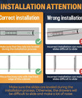 Installation guide showing correct and wrong installation of heavy duty locking drawer slides with lock, side mount.