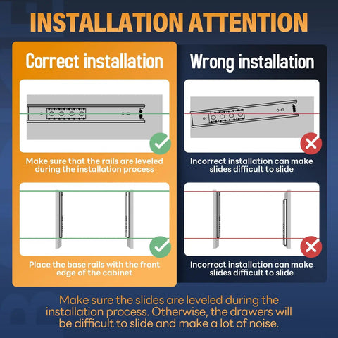 Installation guide showing correct and wrong installation of heavy duty locking drawer slides with lock, side mount.