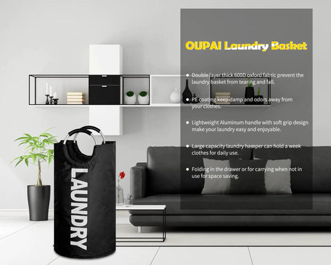 X Large 115L Collapsible Laundry Basket Stand Up Hamper Two Pack Black And Dark Grey With Padded Handles in living room setting