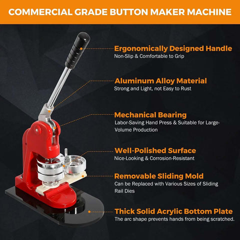 Commercial grade DIY 58mm Button Maker Machine Kit with highlighted features for custom badges and pins in crafting, durable ABS plastic build.