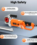 Heavy Duty Electric Pipe Threader Kit With 6 Dies For Plumbing And Gas Lines showing safety features and controls.