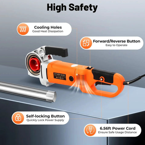 Heavy Duty Electric Pipe Threader Kit With 6 Dies For Plumbing And Gas Lines showing safety features and controls.