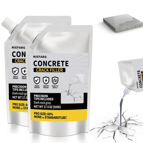 Self Leveling Concrete Crack Filler For Driveways And Patios, No Fuss High Elasticity Sealant For Cement Crack Repair, Quick Drying Waterproof Adhesive For Outdoor Surfaces, Flexible Cement Crack Repair 3.3 Lb visible in pouch packaging with application on cracked cement.