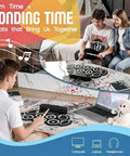 Two people using 9 Pad Portable Roll Up Drum Kit with USB MIDI Bluetooth, built-in speakers, and foot pedals in a living room.